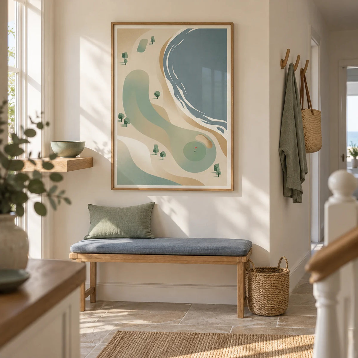 Coastal Golf Course Art Print, framed on the wall of a bright hallway in a modest coastal terraced house with cream walls and pale stone flooring