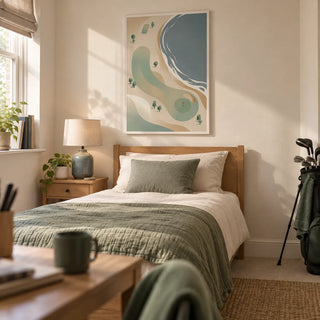 Coastal Golf Course Art Print, framed on the wall of a calm single bedroom for a young adult golf enthusiast (18-25) in a UK family home with warm white walls