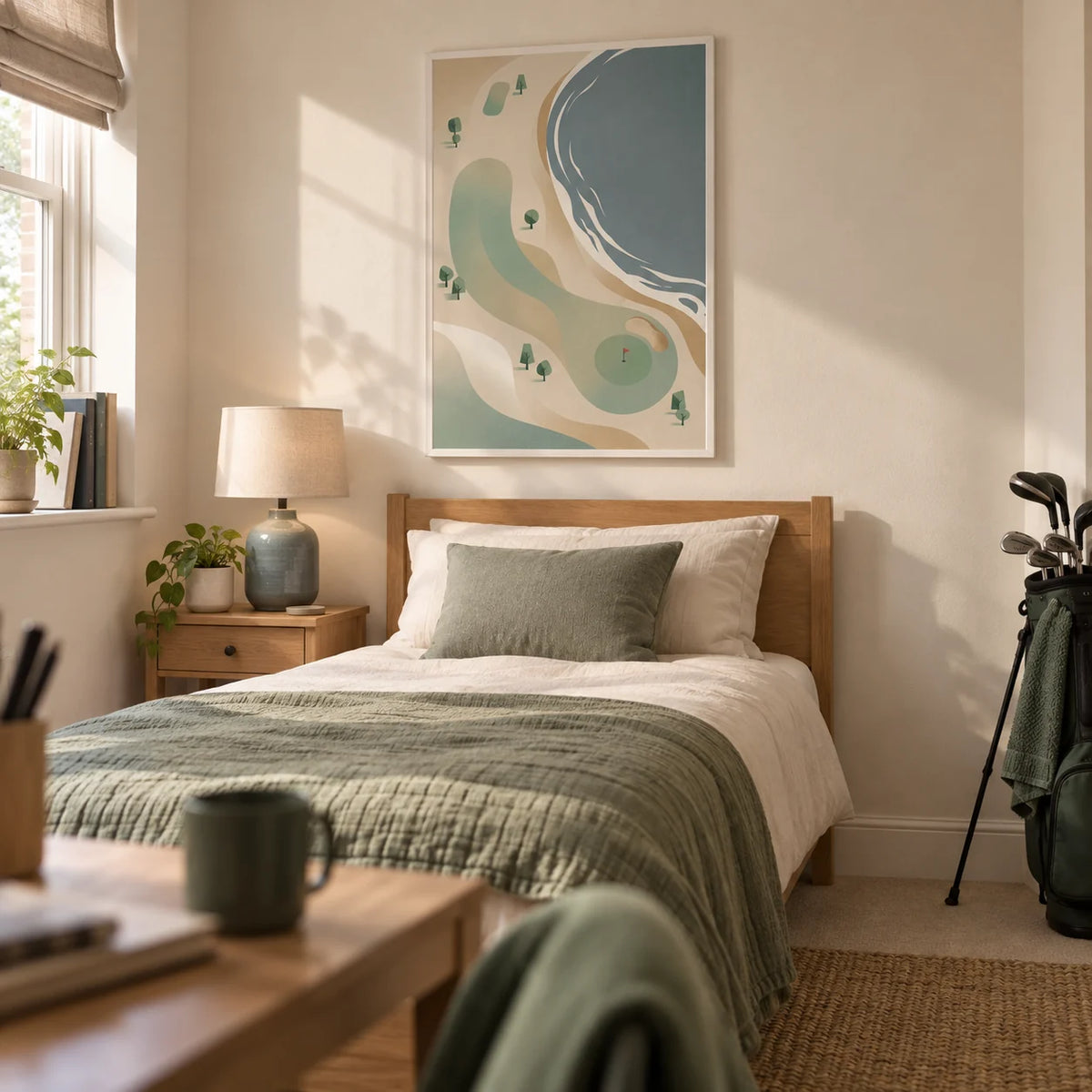 Coastal Golf Course Art Print, framed on the wall of a calm single bedroom for a young adult golf enthusiast (18-25) in a UK family home with warm white walls