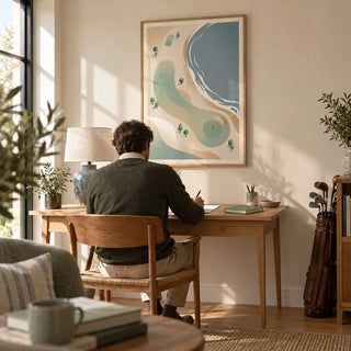 Coastal Golf Course Art Print, framed on the wall of a quiet home study for a golf enthusiast with a pale sand wall and oak floorboards