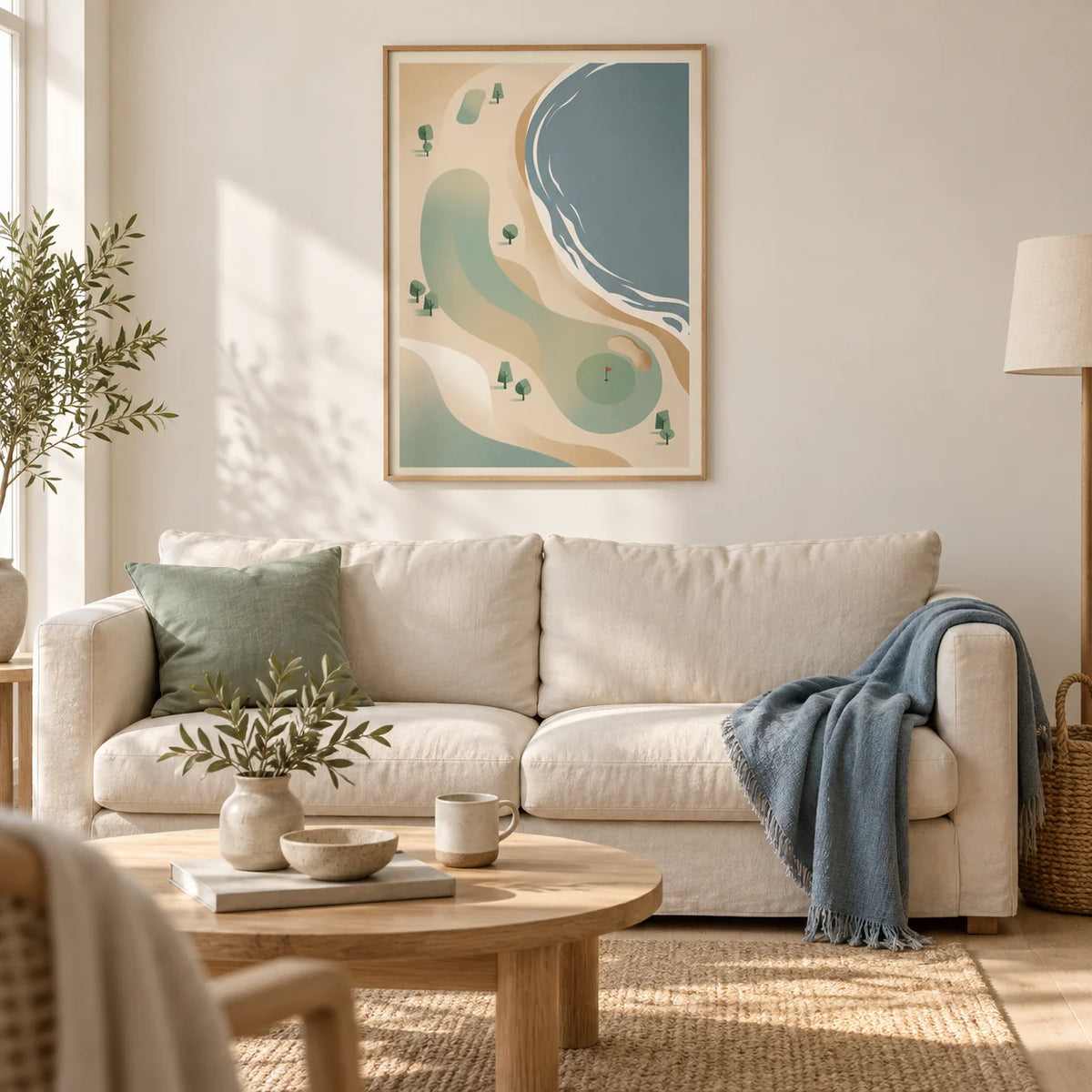 Coastal Golf Course Art Print, framed on the wall of a relaxed coastal living room in a UK first flat with warm white walls and pale oak flooring