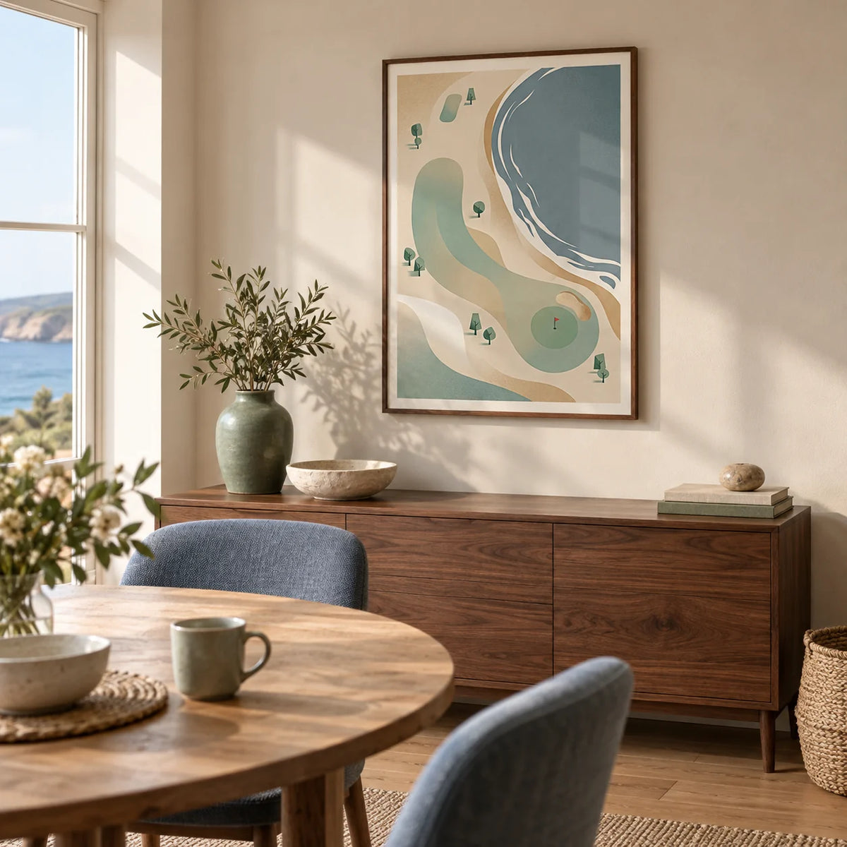 Coastal Golf Course Art Print, framed on the wall of a relaxed dining corner in a UK coastal home with sandy beige walls and simple oak flooring