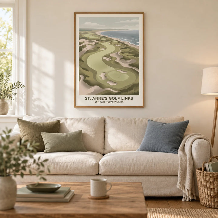 Coastal Golf Landscape, framed on the wall of a relaxed coastal living room in a British semi-detached home with warm ivory walls and oak floorboards