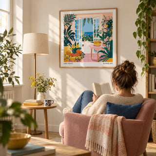 Coastal Wall Art, framed on the wall of a sunny reading corner in a UK first flat for an adult aged 25-35 in a living room