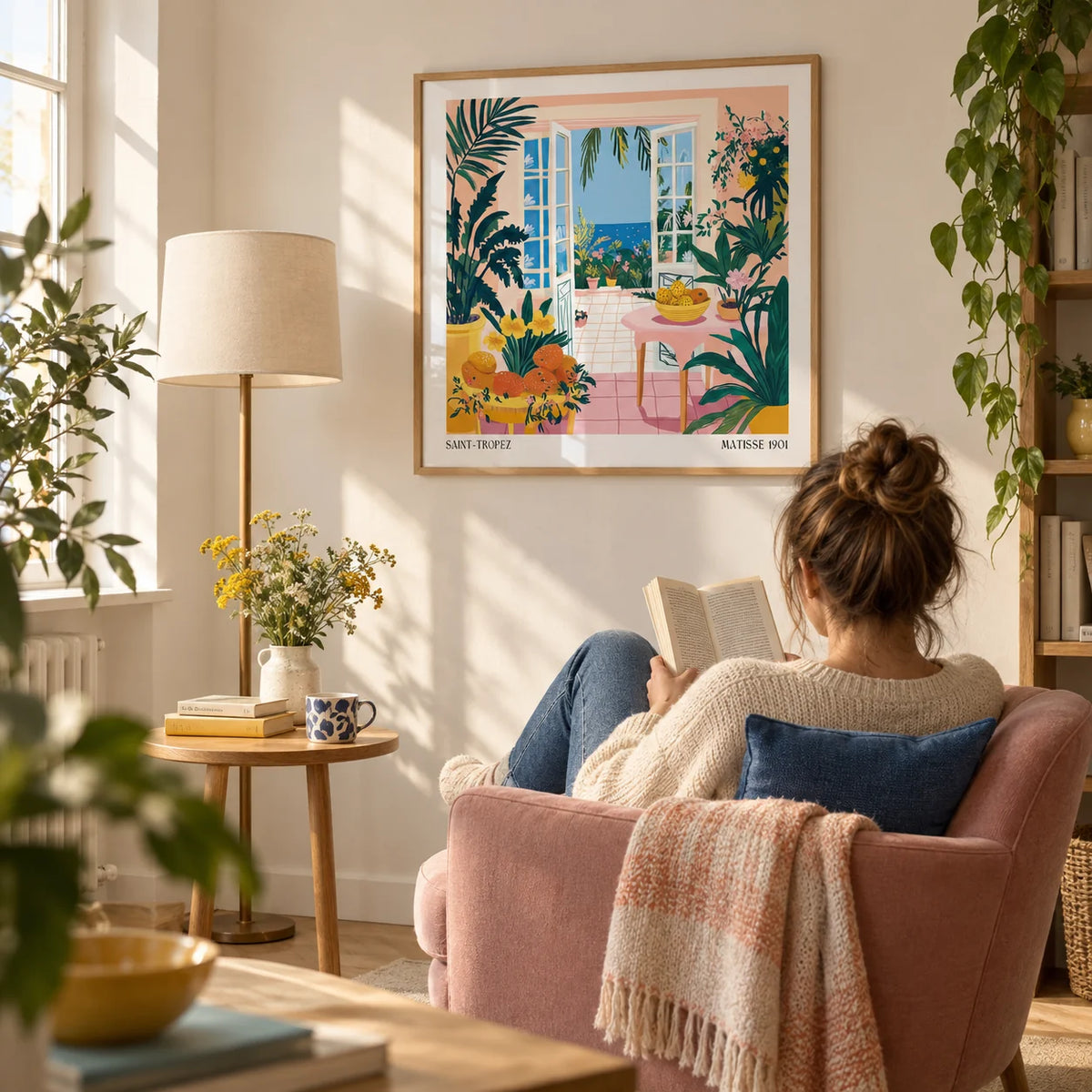Coastal Wall Art, framed on the wall of a sunny reading corner in a UK first flat for an adult aged 25-35 in a living room