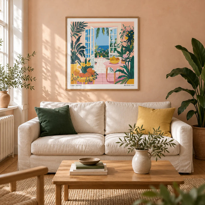 Coastal Wall Art, framed on the wall of a warm Mediterranean-inspired living room in a UK Victorian terrace with pale peach plaster walls and honey-coloured floorboards