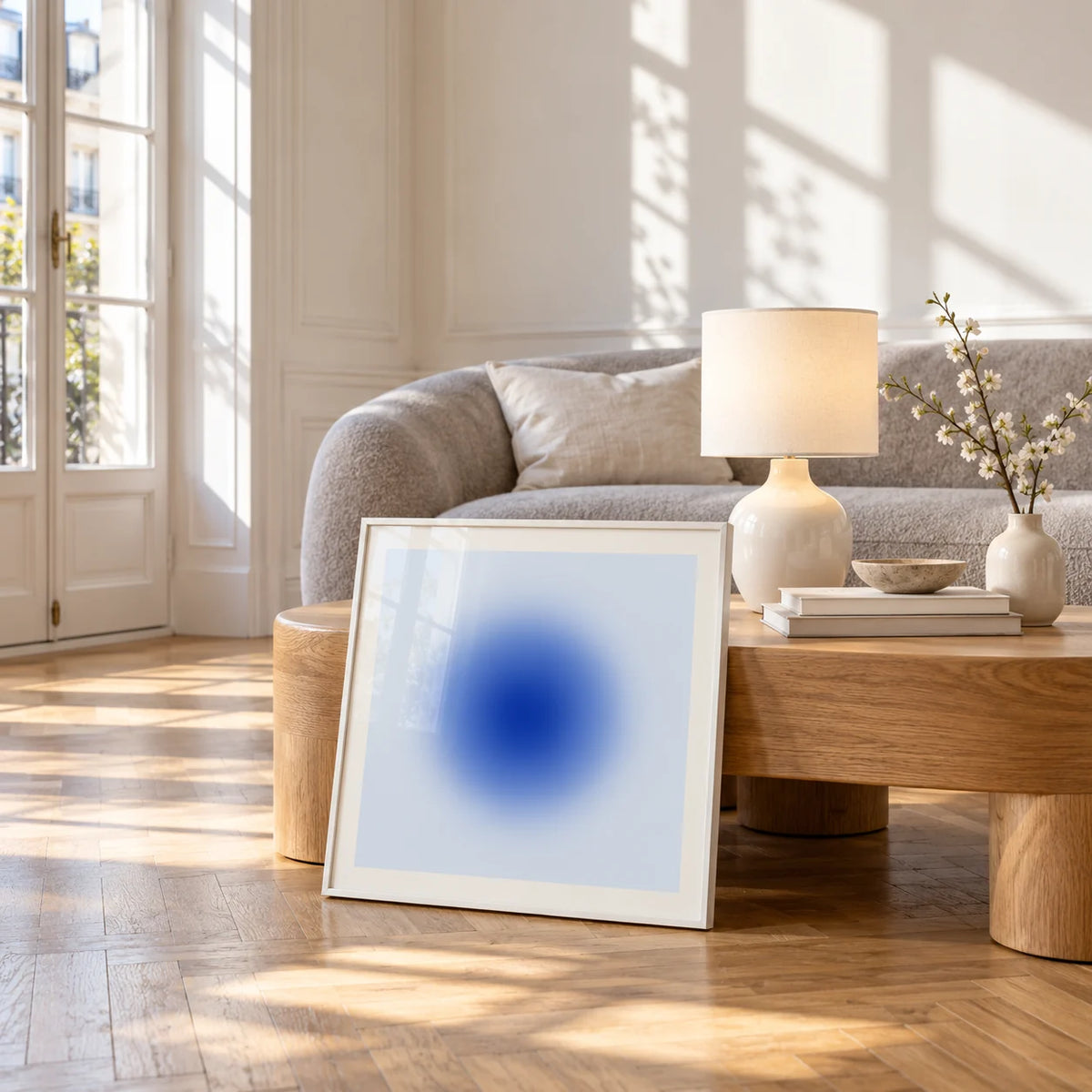 Cobalt Blue Wall Art, framed and leaning against a coffee table in a bright living room