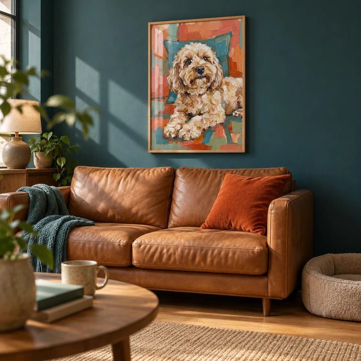 Cockapoo Print, framed on the wall of a warm family living room with a deep teal painted wall