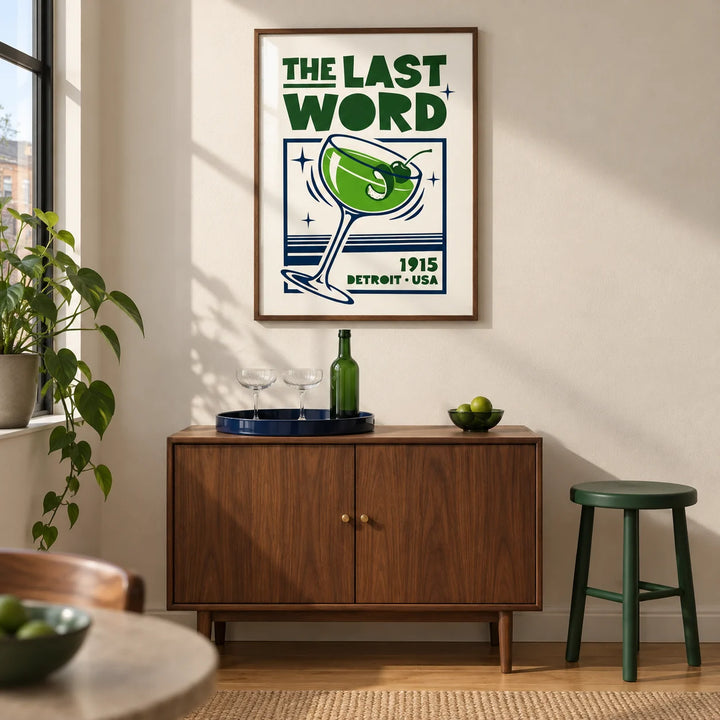 Cocktail Art Print, framed on the wall of a compact home bar in a modern UK city flat with an ivory wall and oak floor in a living room