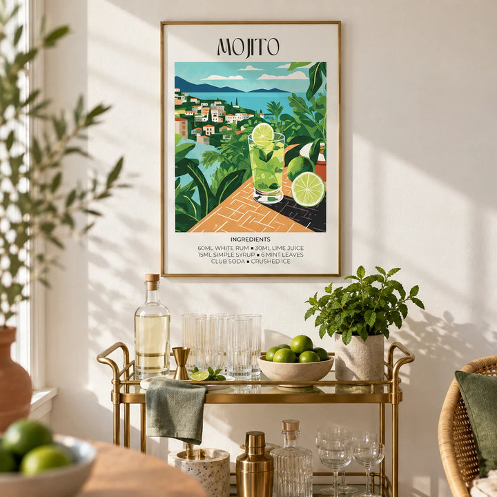 Cocktail Print, framed on the wall of a fresh home bar corner with a white wall in a living room