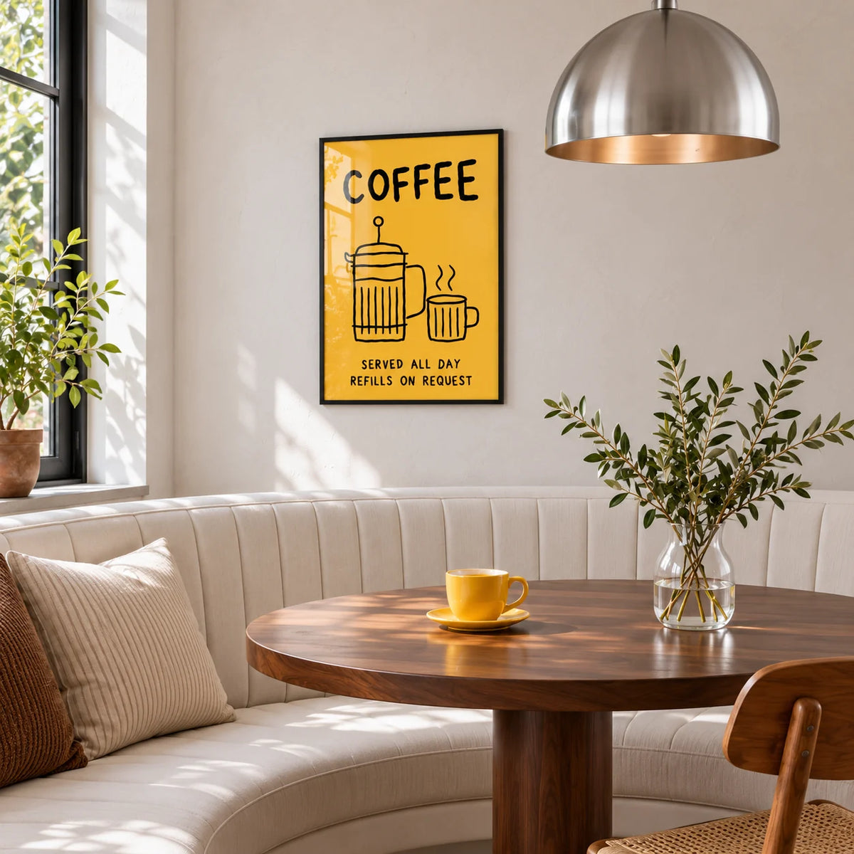 Coffee Bar Wall Art, framed on the wall of a breakfast nook with a curved banquette