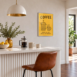 Coffee Bar Wall Art, framed on the wall above a kitchen breakfast peninsula