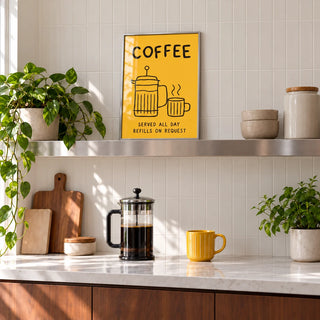Coffee Bar Wall Art, framed and leaning on a steel shelf above a kitchen coffee station