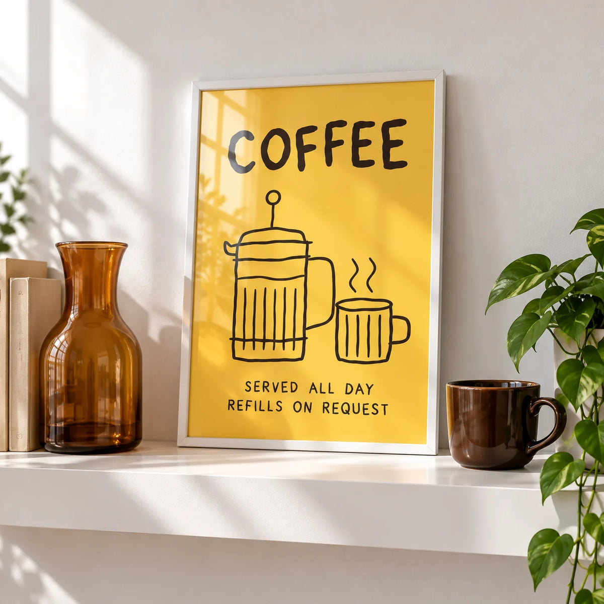 Coffee Bar Wall Art, a small A4 framed print leaning on a white shelf
