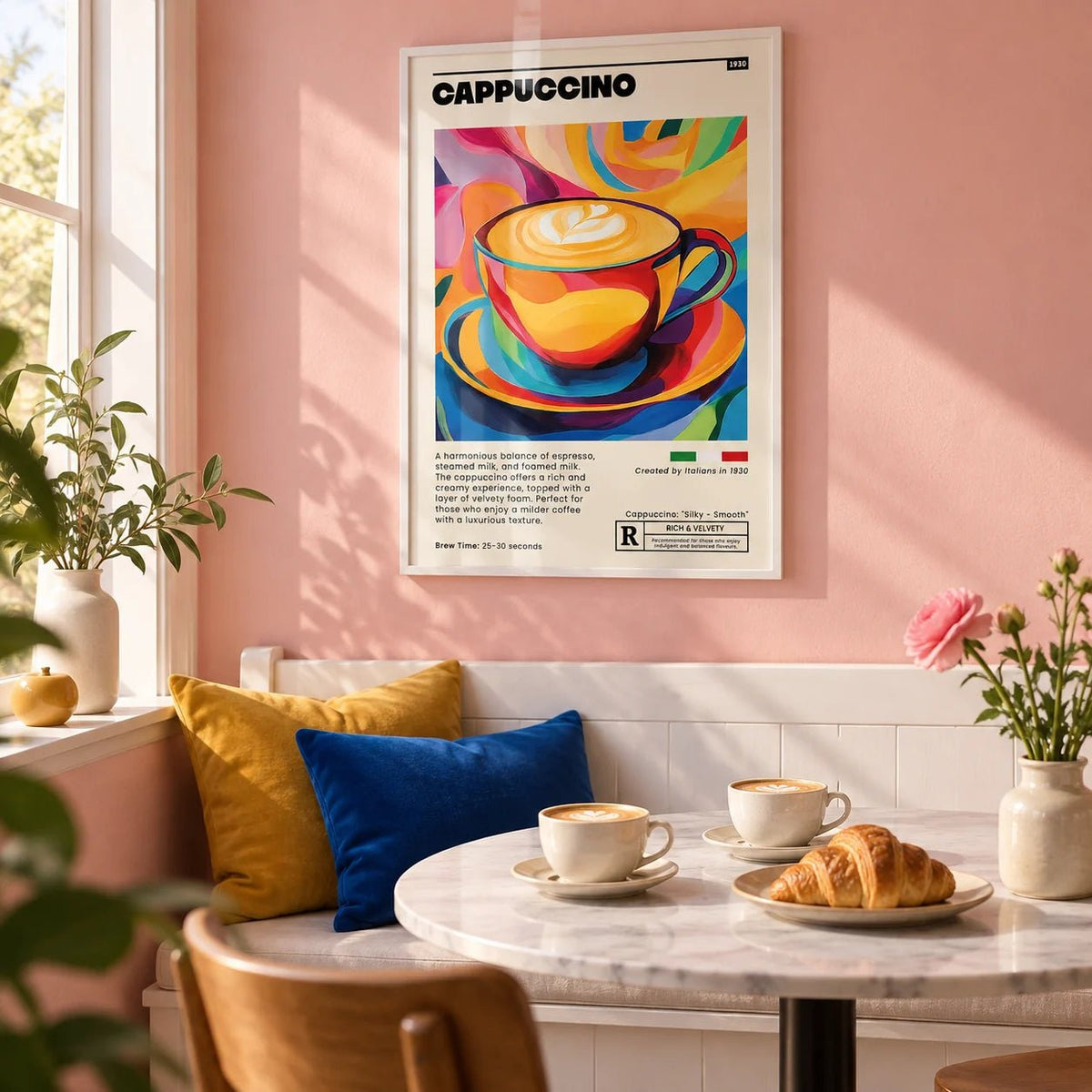 Coffee Cup Wall Art, framed on the wall of a bright breakfast corner with a solid soft pink painted wall in a kitchen
