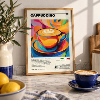 Coffee Cup Wall Art, a small A4 framed print leaning on a marble kitchen worktop