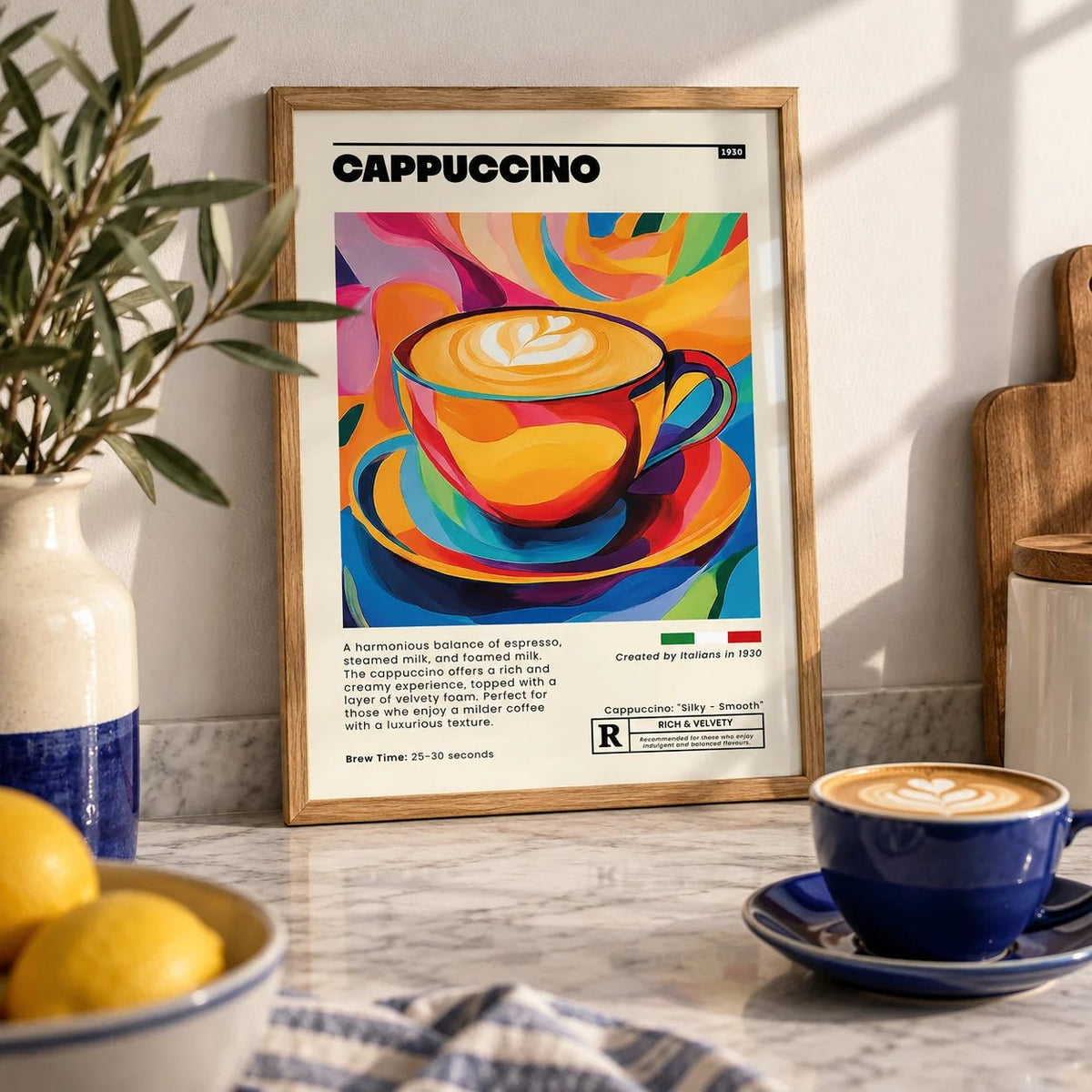 Coffee Cup Wall Art, a small A4 framed print leaning on a marble kitchen worktop