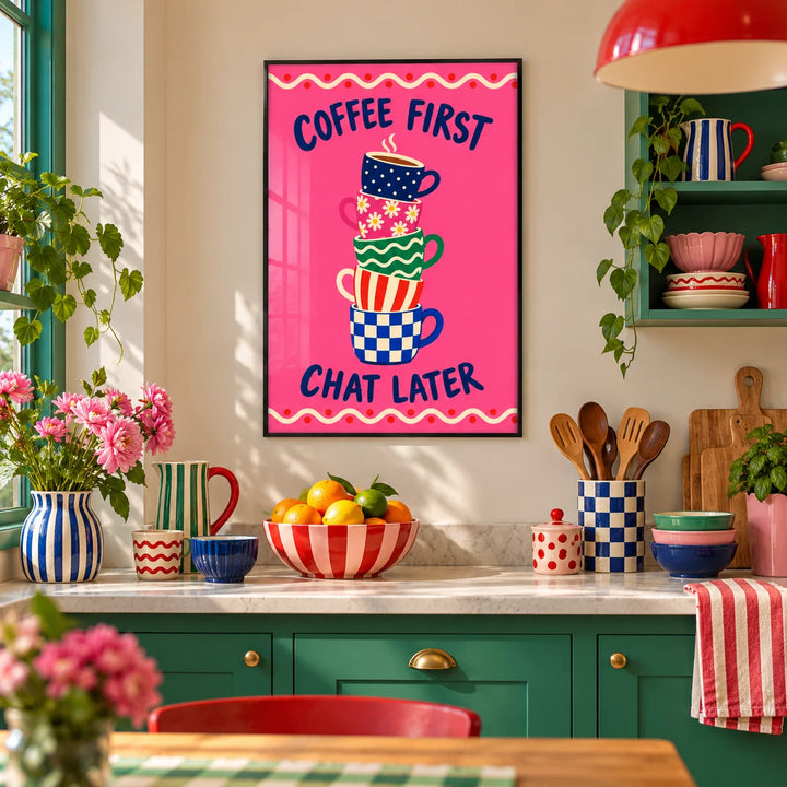 Coffee First Print, framed on the wall of a colourful dopamine kitchen