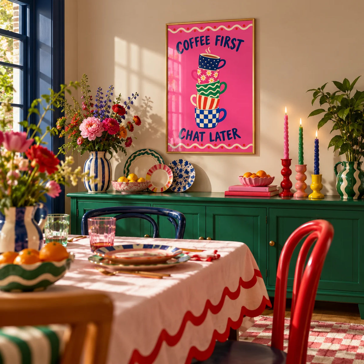 Coffee First Print, framed on the wall of a maximalist dining room