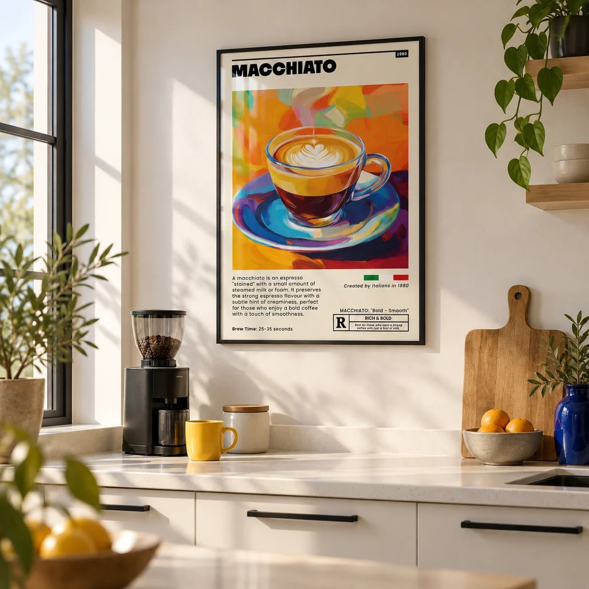Coffee Poster, framed on the wall of a crisp modern kitchen