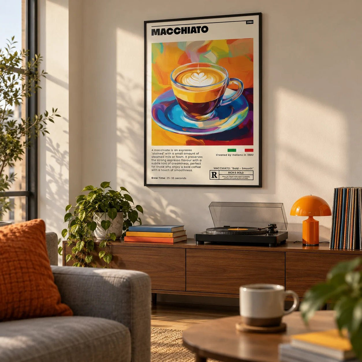 Coffee Poster, framed on the wall of a first-flat living room