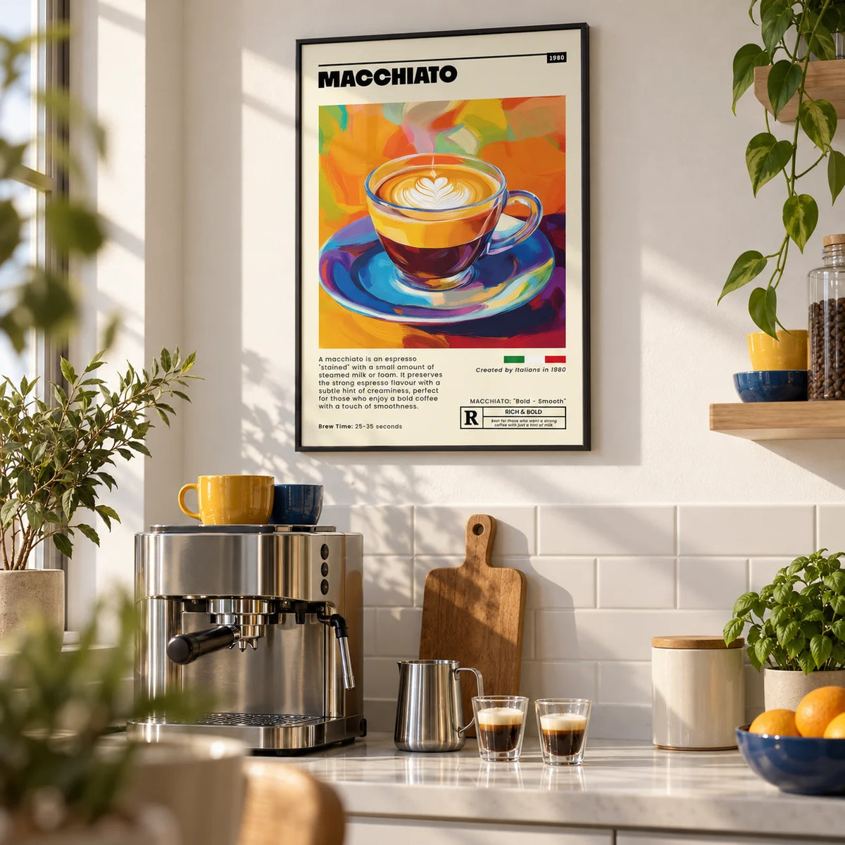 Coffee Poster, framed on the wall of a modern kitchen coffee corner