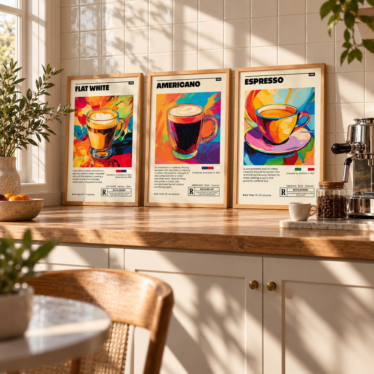Coffee Prints Set of 3 styled above a home coffee station with an espresso machine: Flat White Cafe Art, Americano Cafe Art and Espresso Cafe Art shown framed side by side (frames not included)