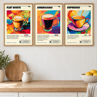 Coffee Prints Set of 3 hung at eye level above a wooden kitchen worktop: Flat White Cafe Art, Americano Cafe Art and Espresso Cafe Art shown framed side by side (frames not included)
