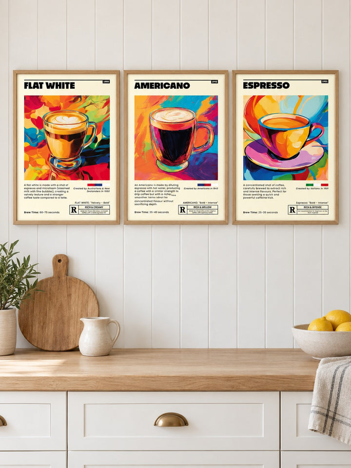 Coffee Prints Set of 3 hung at eye level above a wooden kitchen worktop: Flat White Cafe Art, Americano Cafe Art and Espresso Cafe Art shown framed side by side (frames not included)