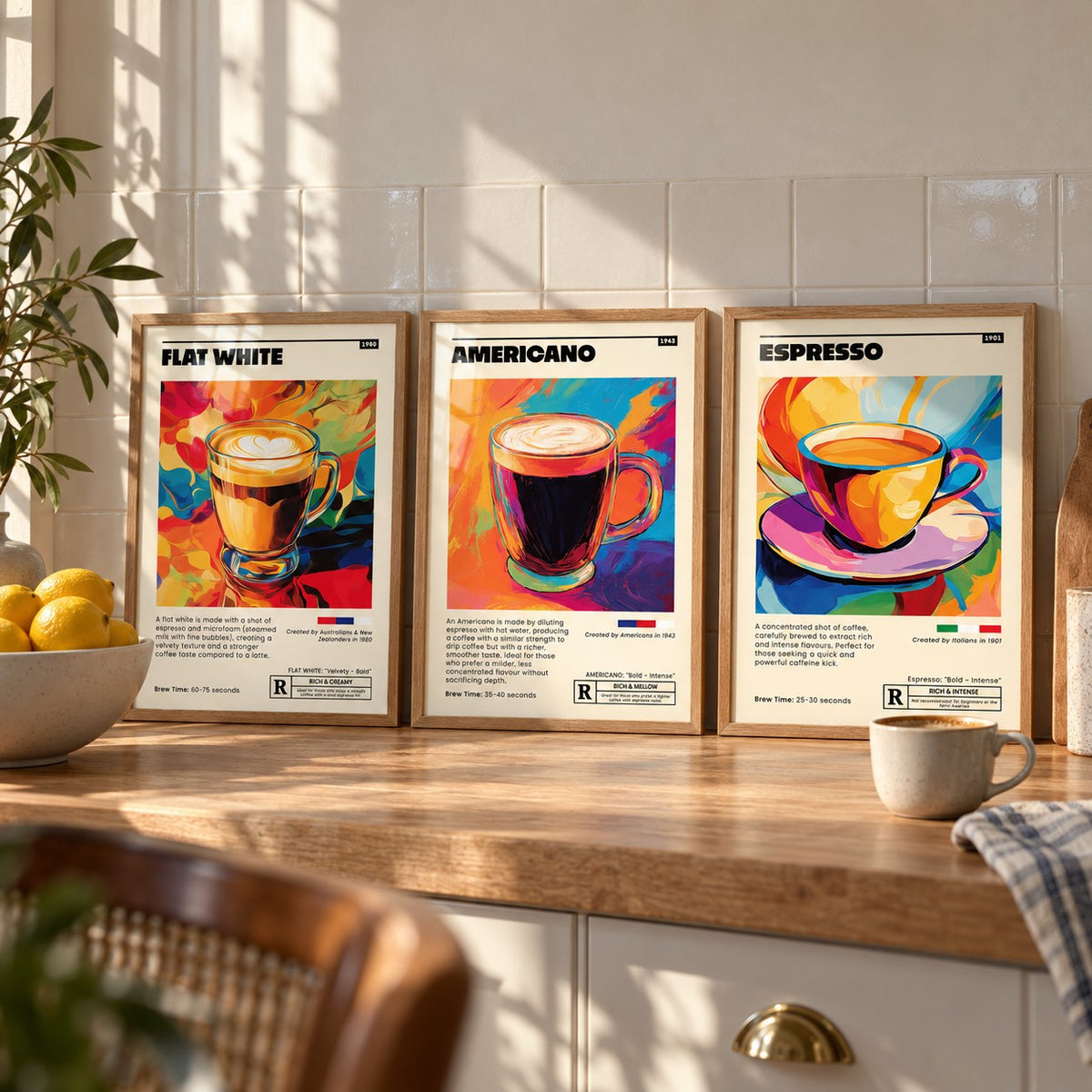 Coffee Prints Set of 3 styled as small A4 prints on a shelf, to show the gift size: Flat White Cafe Art, Americano Cafe Art and Espresso Cafe Art shown framed side by side (frames not included)