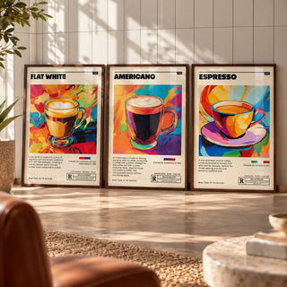Coffee Prints Set of 3 styled leaning against a white tiled wall on a warm floor: Flat White Cafe Art, Americano Cafe Art and Espresso Cafe Art shown framed side by side (frames not included)