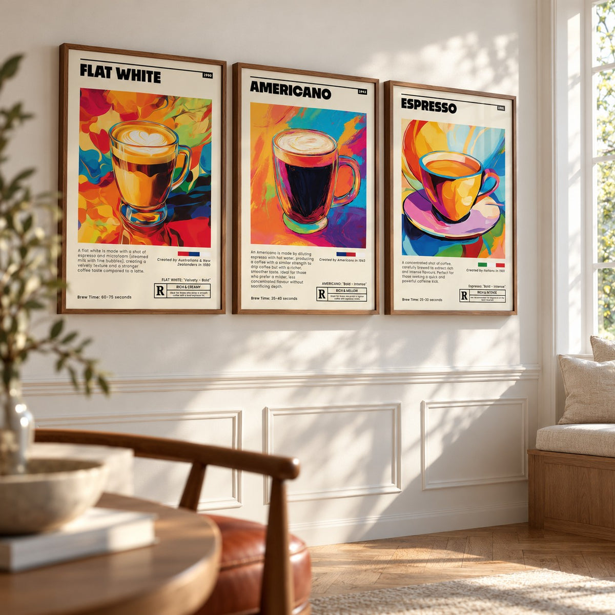 Coffee Prints Set of 3 styled in walnut frames on a calm white wall: Flat White Cafe Art, Americano Cafe Art and Espresso Cafe Art shown framed side by side (frames not included)