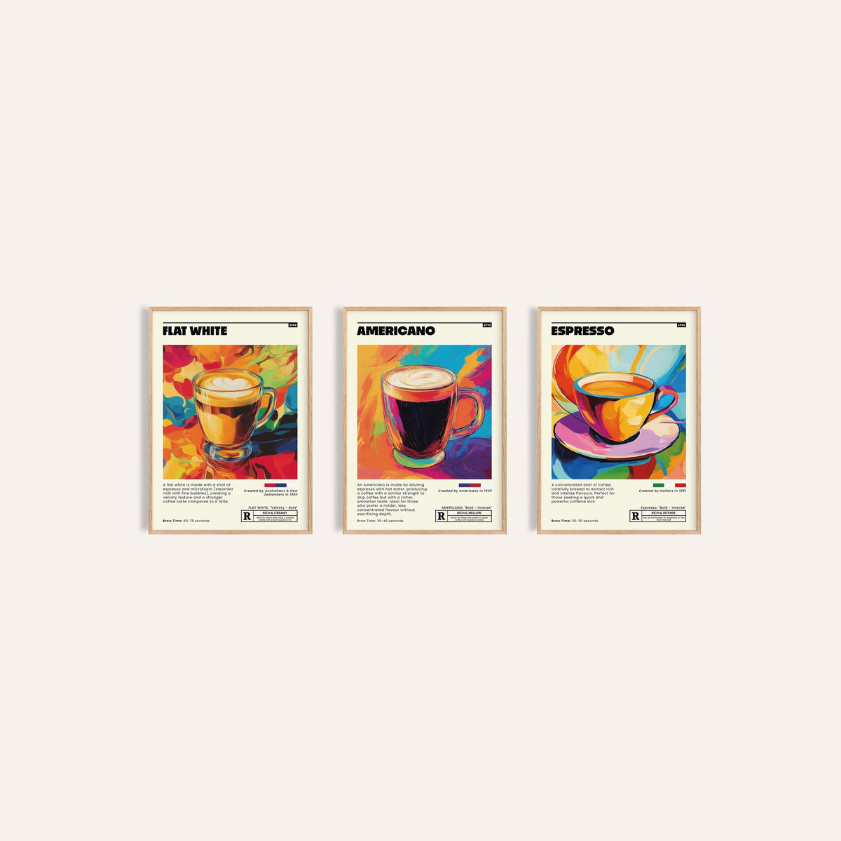 Coffee Prints Set of 3: Flat White Cafe Art, Americano Cafe Art and Espresso Cafe Art side by side, three separate unframed prints