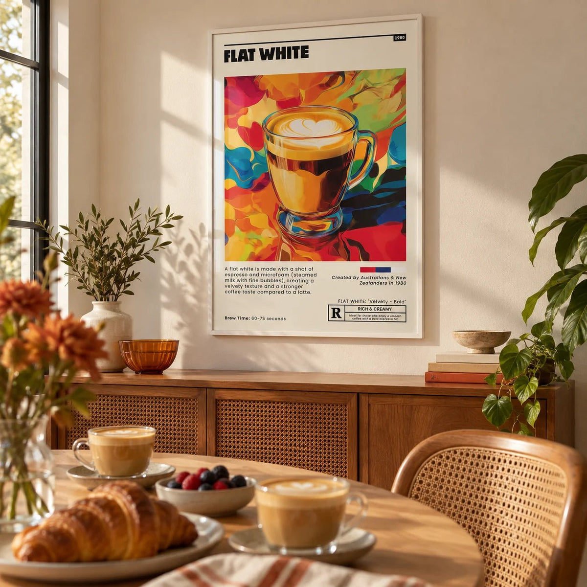 Coffee Shop Wall Art, framed on the wall of a breakfast table in a kitchen
