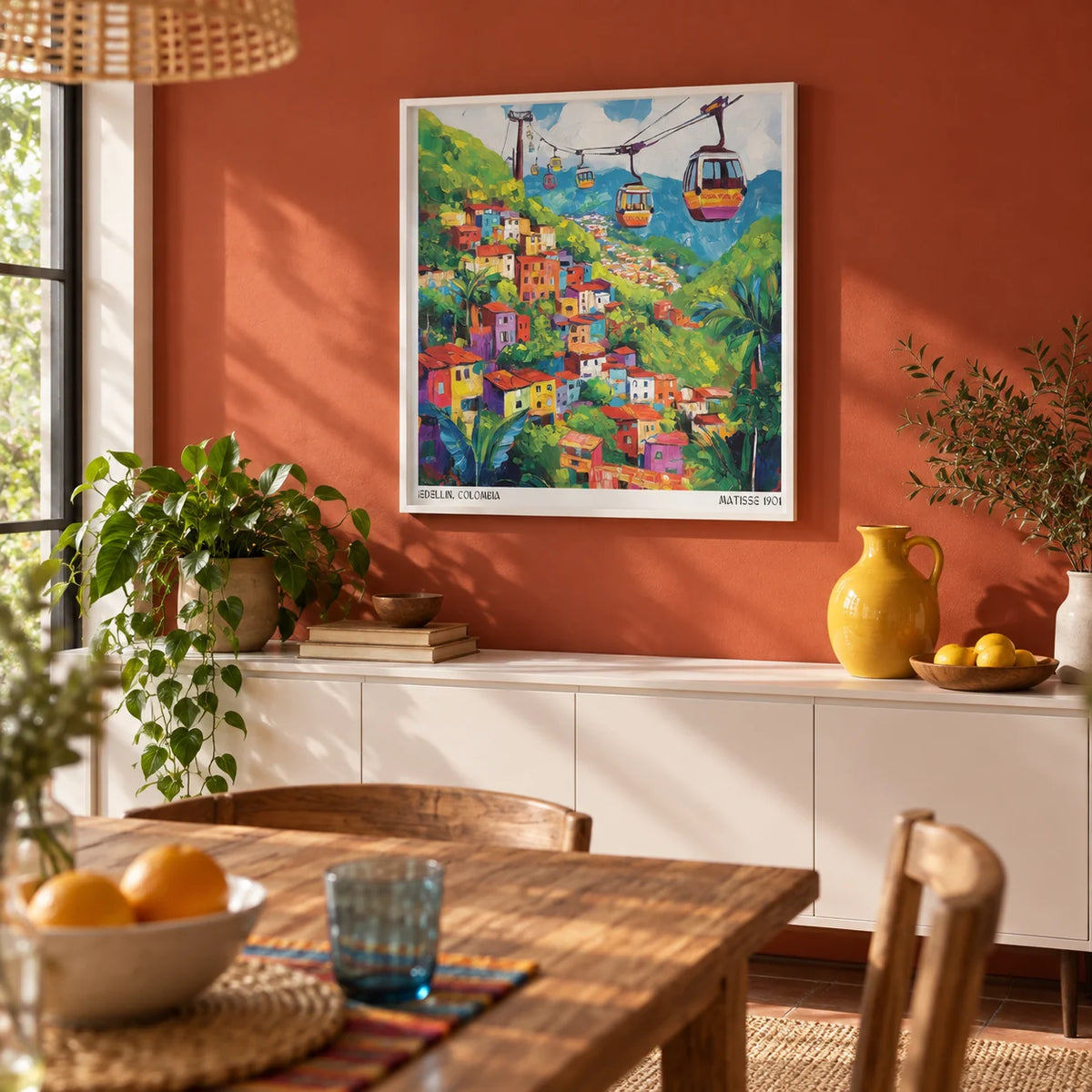 Colombia Wall Art, framed on the wall of a bright dining room with a terracotta red painted wall