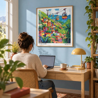Colombia Wall Art, framed on the wall of a bright home office with a sky blue wall