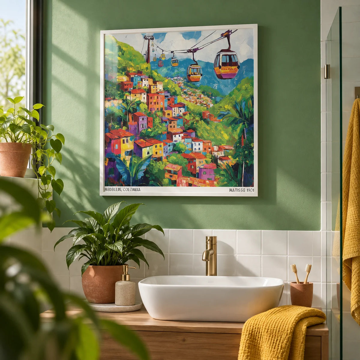 Colombia Wall Art, framed on the wall of a fresh bathroom with a tropical green painted wall and plain white tiles