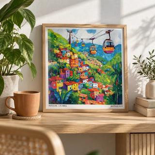Colombia Wall Art, a small A4 framed print leaning on a pale oak shelf in a living room