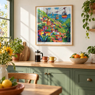 Colombia Wall Art, framed on the wall of a sunny kitchen with a warm white wall and green painted cabinets