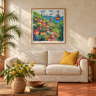 Colombia Wall Art, framed on the wall of a warm Latin-modern living room with a limewashed cream wall and a plain terracotta floor