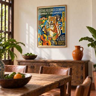 Colombian Music Art Print, framed on the wall of a Colombian colonial dining room with a warm white limewashed wall and a terracotta floor