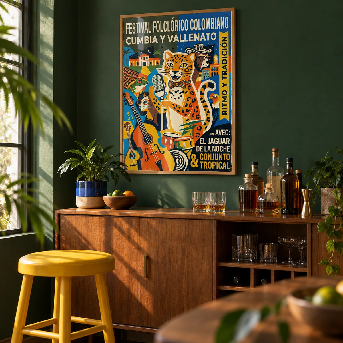 Colombian Music Art Print, framed on the wall of a small home bar corner with a deep green painted wall