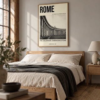 Colonnade Architecture Art Print, framed on the wall of a calm adult bedroom in a converted UK warehouse flat with a pale grey wall and exposed timber floorboards