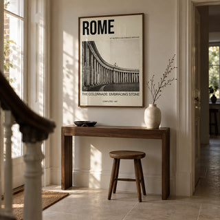 Colonnade Architecture Art Print, framed on the wall of a carefully renovated Victorian terrace hallway with pale stone walls and a plain limestone floor