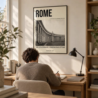 Colonnade Architecture Art Print, framed on the wall of a compact home study for an architecture enthusiast in a UK flat with a warm white wall