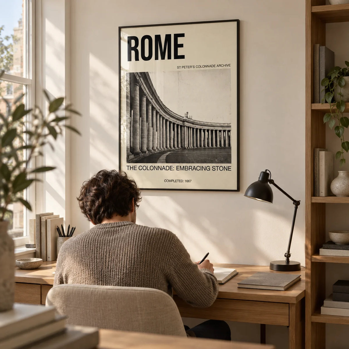 Colonnade Architecture Art Print, framed on the wall of a compact home study for an architecture enthusiast in a UK flat with a warm white wall