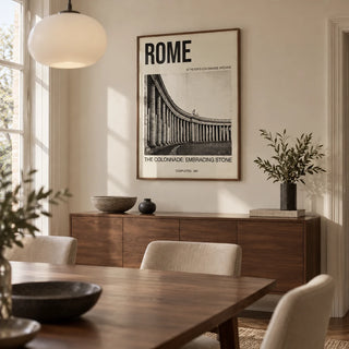 Colonnade Architecture Art Print, framed on the wall of a modern dining room in a UK townhouse with cream plaster walls and a walnut dining table