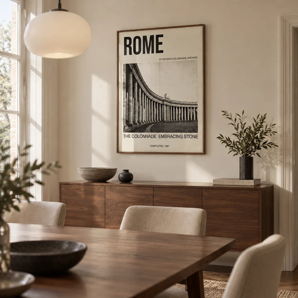 Colonnade Architecture Art Print, framed on the wall of a modern dining room in a UK townhouse with cream plaster walls and a walnut dining table