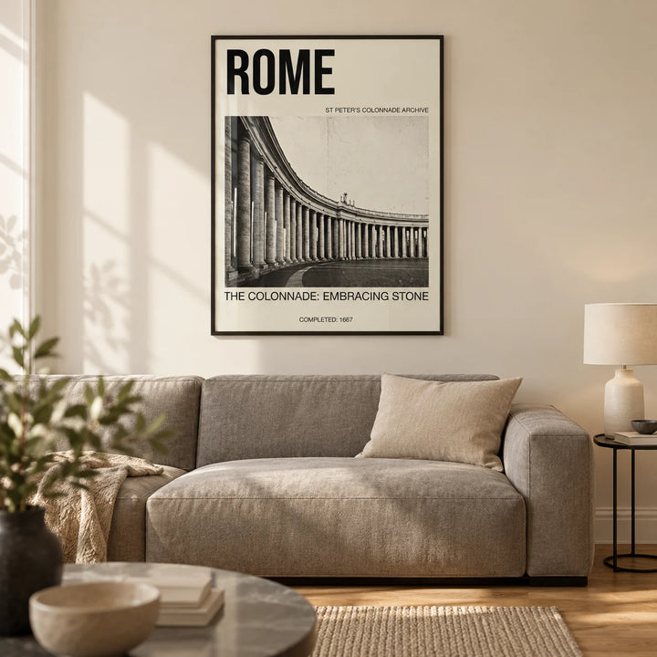 Colonnade Architecture Art Print, framed on the wall of a modern living room in a UK city flat with warm cream walls and oak floorboards