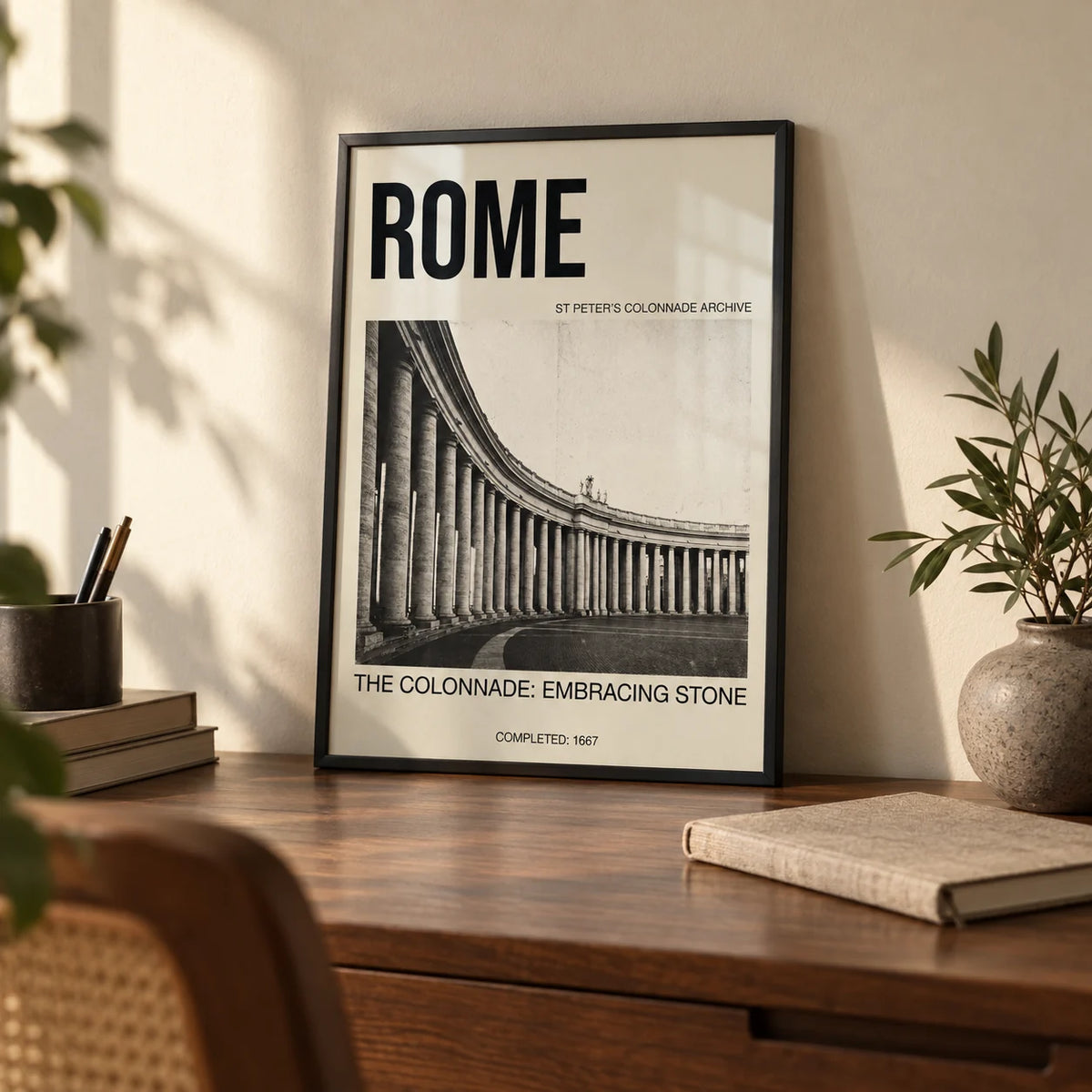 Colonnade Architecture Art Print, a small A4 framed print leaning on a walnut writing desk